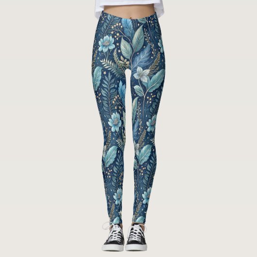 Intricate Blue & Green Botanical - Starry Dark Blu Leggings (Vorderseite)