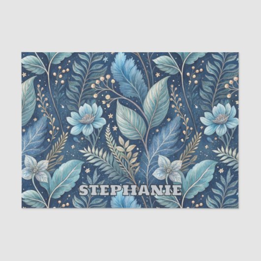 Intricate Blue & Green Botanical - Starry Dark Blu Seidenpapier (Vorderseite)