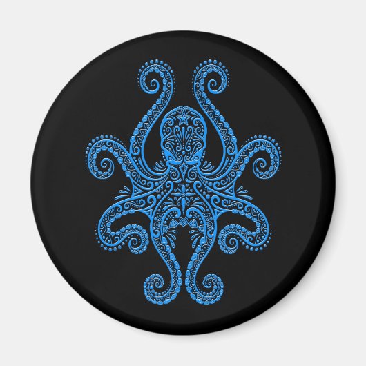Intricate Blue Octopus auf Schwarz Magnet (Vorne)