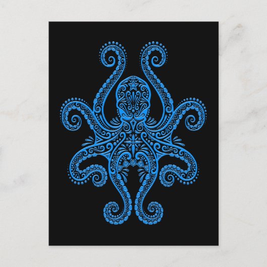 Intricate Blue Octopus auf Schwarz Postkarte (Vorderseite)