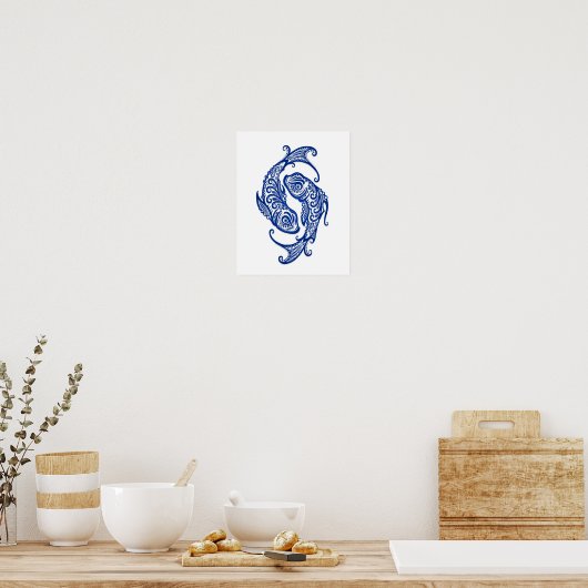 Intricate Blue Pisces Zodiac auf Weiß Poster (Küche)