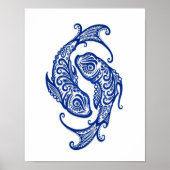 Intricate Blue Pisces Zodiac auf Weiß Poster (Vorne)
