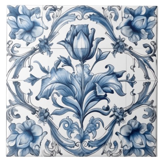 Intricate Blue Rustic Indigo Azulejo Tile Design Fliese (Vorderseite)
