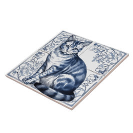 Intricate Blue Rustic Indigo Cat Tiles on Wall Fliese