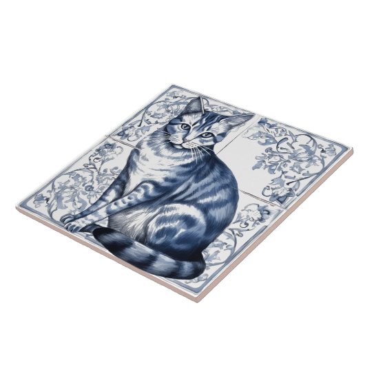 Intricate Blue Rustic Indigo Cat Tiles on Wall Fliese (Seite)