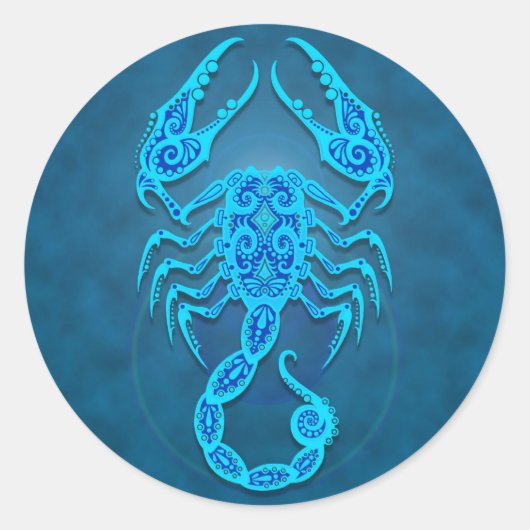 Intricate Blue Tribal Scorpio Runder Aufkleber (Vorderseite)