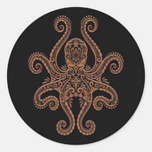 Intricate Brown Octopus auf Schwarz Runder Aufkleber