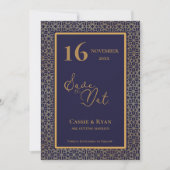 Intricate Design Blue Gold Hochzeit Speichern Sie  Einladung (Vorderseite)