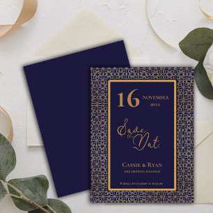 Intricate Design Blue Gold Hochzeit Speichern Sie  Einladung