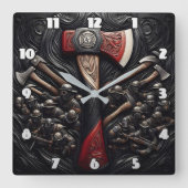 Intricate Design eines Fireman's Ax mit Tribut Quadratische Wanduhr (Vorderseite)