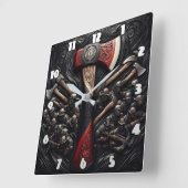 Intricate Design eines Fireman's Ax mit Tribut Quadratische Wanduhr (Winkel)