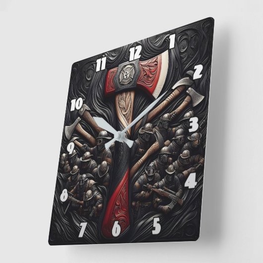 Intricate Design eines Fireman's Ax mit Tribut Quadratische Wanduhr (Winkel)