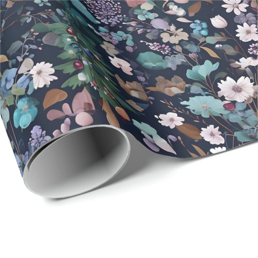 Intricate Designer Blumenweihbäume auf Marine Geschenkpapier (Rolleneckpunkt)