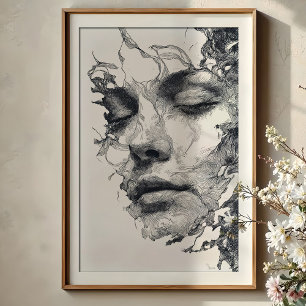 Intricate Dreams: Monchrome Linie Art Portrait Poster