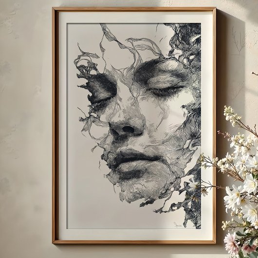 Intricate Dreams: Monchrome Linie Art Portrait Poster