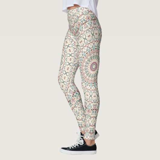 Intricate Geometric Mandala in Teal, Rose, & Sand Leggings (Links)