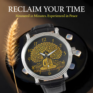 Intricate Gold Buddha umgeben von üppigen Folies Armbanduhr