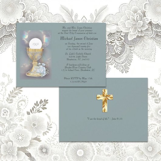 Intricate Gold Chalice mit dem blauen Bukett Acque Einladung