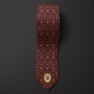 Intricate Gold und Burgundy Floral Monogram Krawatte