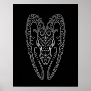 Intricate Gray Aries Zodiac auf schwarz Poster