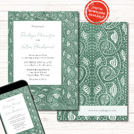 Intricate Leaf Frame on Green Wedding Invitation Einladung