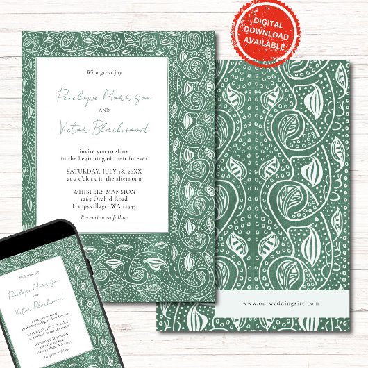Intricate Leaf Frame on Green Wedding Invitation Einladung