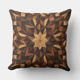 "Intricate Marquetry Geometric Wood Throw Pillow" Kissen