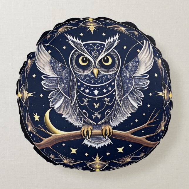 Intricate Night Owl Illustration Rundes Kissen (Vorderseite)