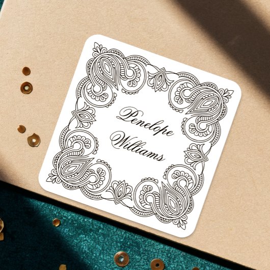 Intricate Paisley Personalisierte Namensetiketten Quadratischer Aufkleber