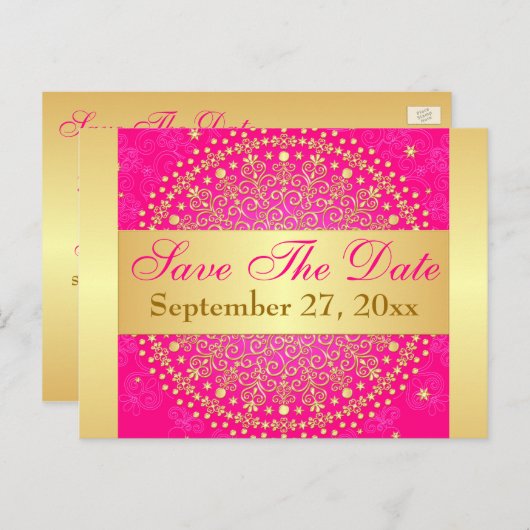 Intricate PInk, Gold Scrolls Save the Date Card Ankündigungspostkarte (Vorne/Hinten)