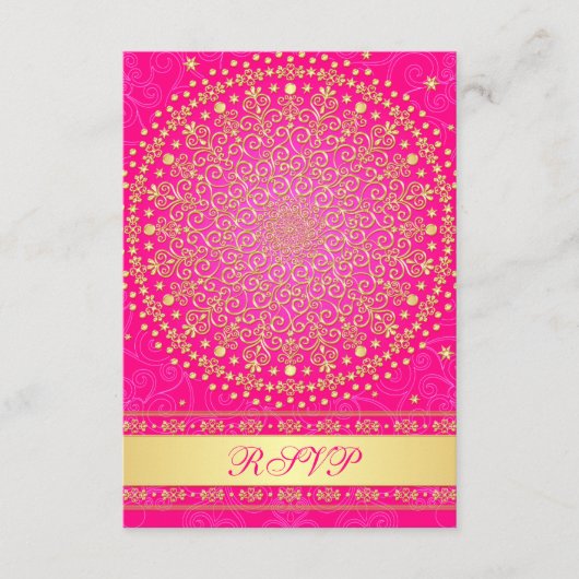 Intricate Pink, Gold Scrolls Wedding RSVP Card Karte (Vorderseite)