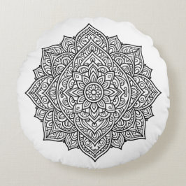 Intricate Schwarzlinien-Mandala-Kunst Rundes Kissen