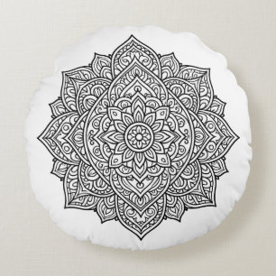 Intricate Schwarzlinien-Mandala-Kunst Rundes Kissen