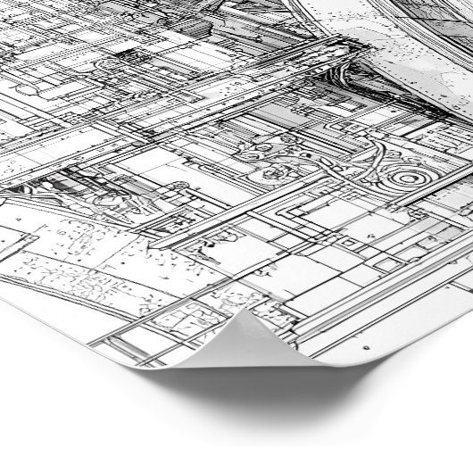 Intricate Steampunk Scaffolding Technical Line Art Poster (Ecke)