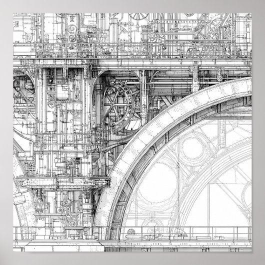 Intricate Steampunk Scaffolding Technical Line Art Poster (Vorne)