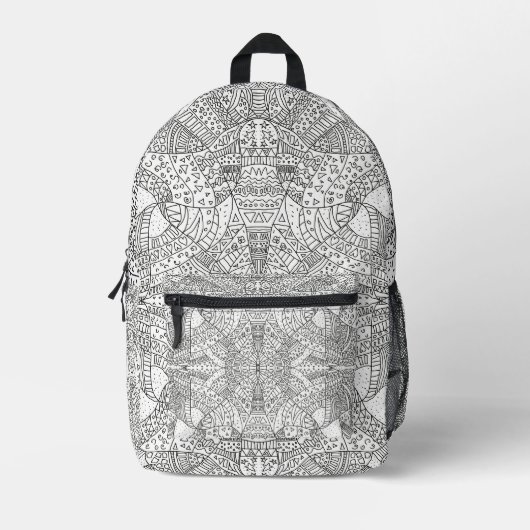 Intricate Symmetrical Doodle Mandala Black & White Bedruckter Rucksack (Vorderseite)