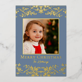 Intricate Vines Blue Gold Foil Holiday Card Folien Feiertagskarte