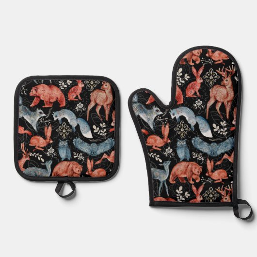  Intricate woodland animals pattern Ofenhandschuh & Topflappen-Set (Vorderseite)