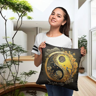 Intricate Yellow Taijitu Yin und Yang Contemporary Kissen