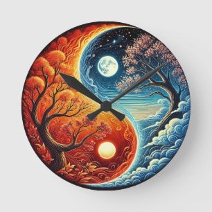 Intricate Yin-Yang-Symbol zeigt Feuer, Wasser Runde Wanduhr