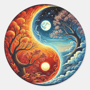 Intricate Yin-Yang-Symbol zeigt Feuer, Wasser Runder Aufkleber