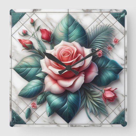 Intricated floral Tile Mosaik Artwork Quadratische Wanduhr (Vorderseite)