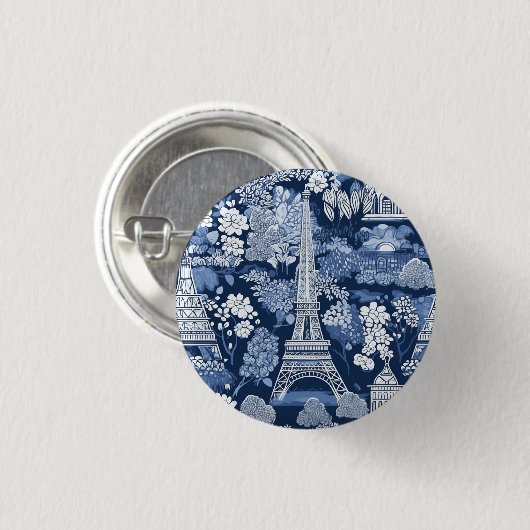Intricentiertes Pariser Eiffelturm Blue Toile Abze Button (Vorne & Hinten)