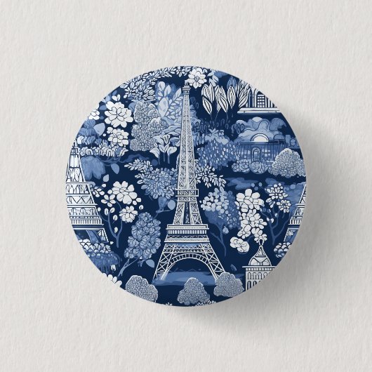 Intricentiertes Pariser Eiffelturm Blue Toile Abze Button (Vorderseite)