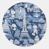 Intricentiertes Pariser Eiffelturm Blue Toile Runder Aufkleber (Vorderseite)