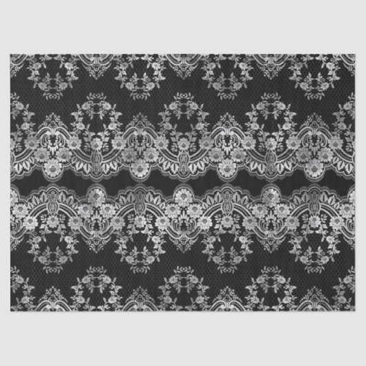 Intrictive weiße Spitzen auf schwarzer Decoupage Seidenpapier (Vorderseite)
