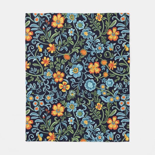 Intrigante Blumenkunst: Blaue und orangefarbene Bl Fleecedecke (Vorderseite)