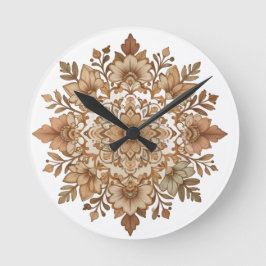 Intrigantes Mandala-Blumen-Kunstwerk in Braun Runde Wanduhr
