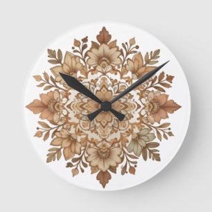 Intrigantes Mandala-Blumen-Kunstwerk in Braun Runde Wanduhr