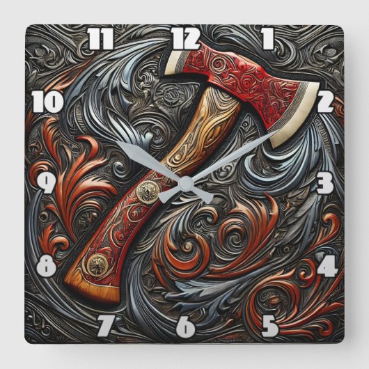 Intrikate Handwerkskunst eines Fireman's Ax Art Quadratische Wanduhr (Vorderseite)